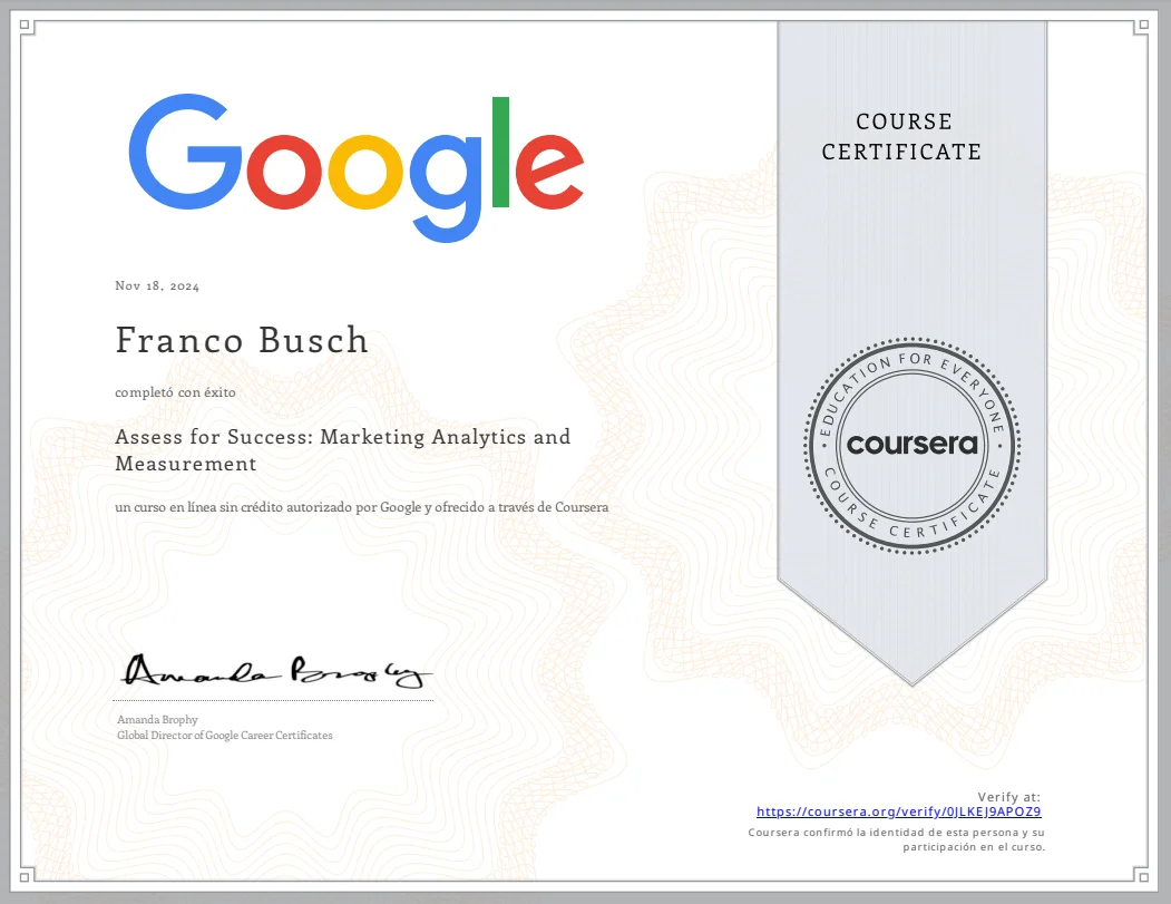 Certificado de Asses for Success: Marketing Analytics and Measurement