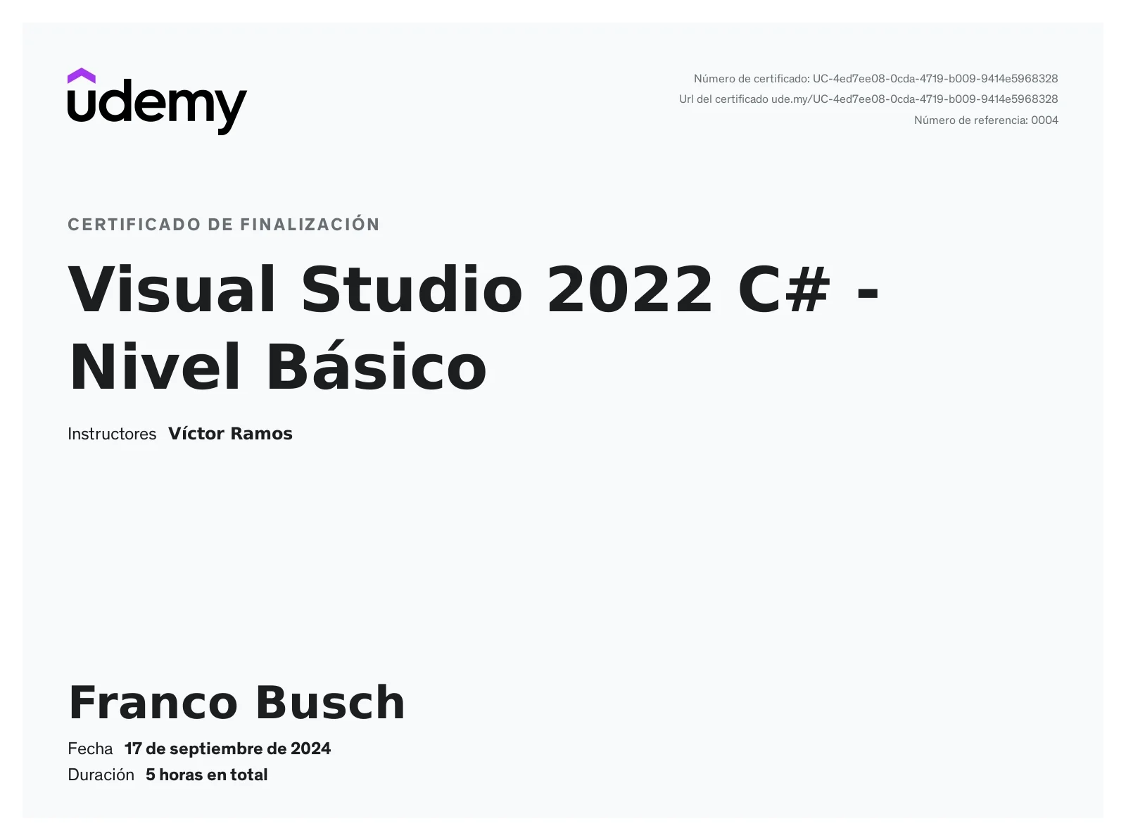 Certificado de Visual Studio 2022 C# - Nivel Básico