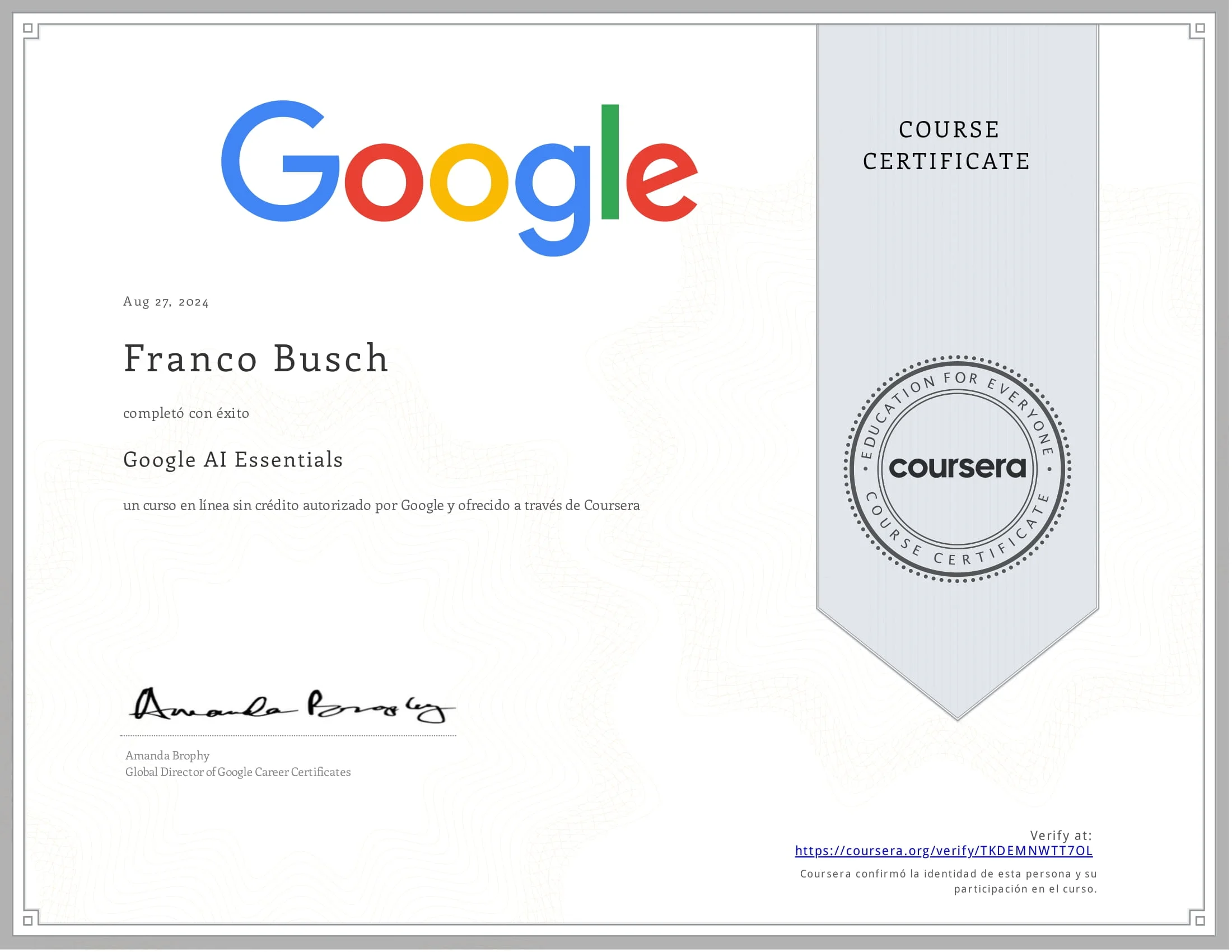 Certificado de Google Ai Essentials