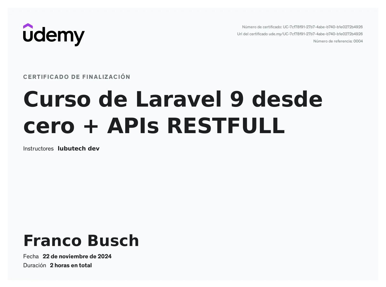 Certificado de Curso de Laravel 9 desde cero + APIs RESTFULL