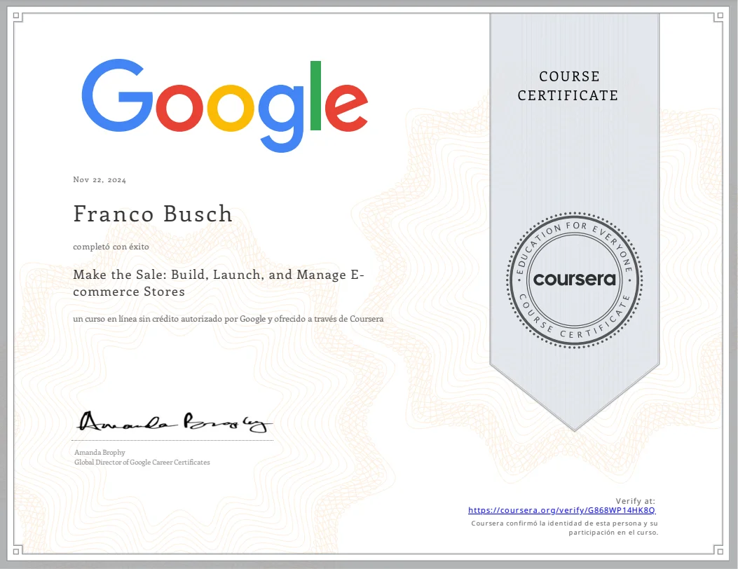 Certificado de Make The Sale: Build, Launch, and Manage E-commerce Stores