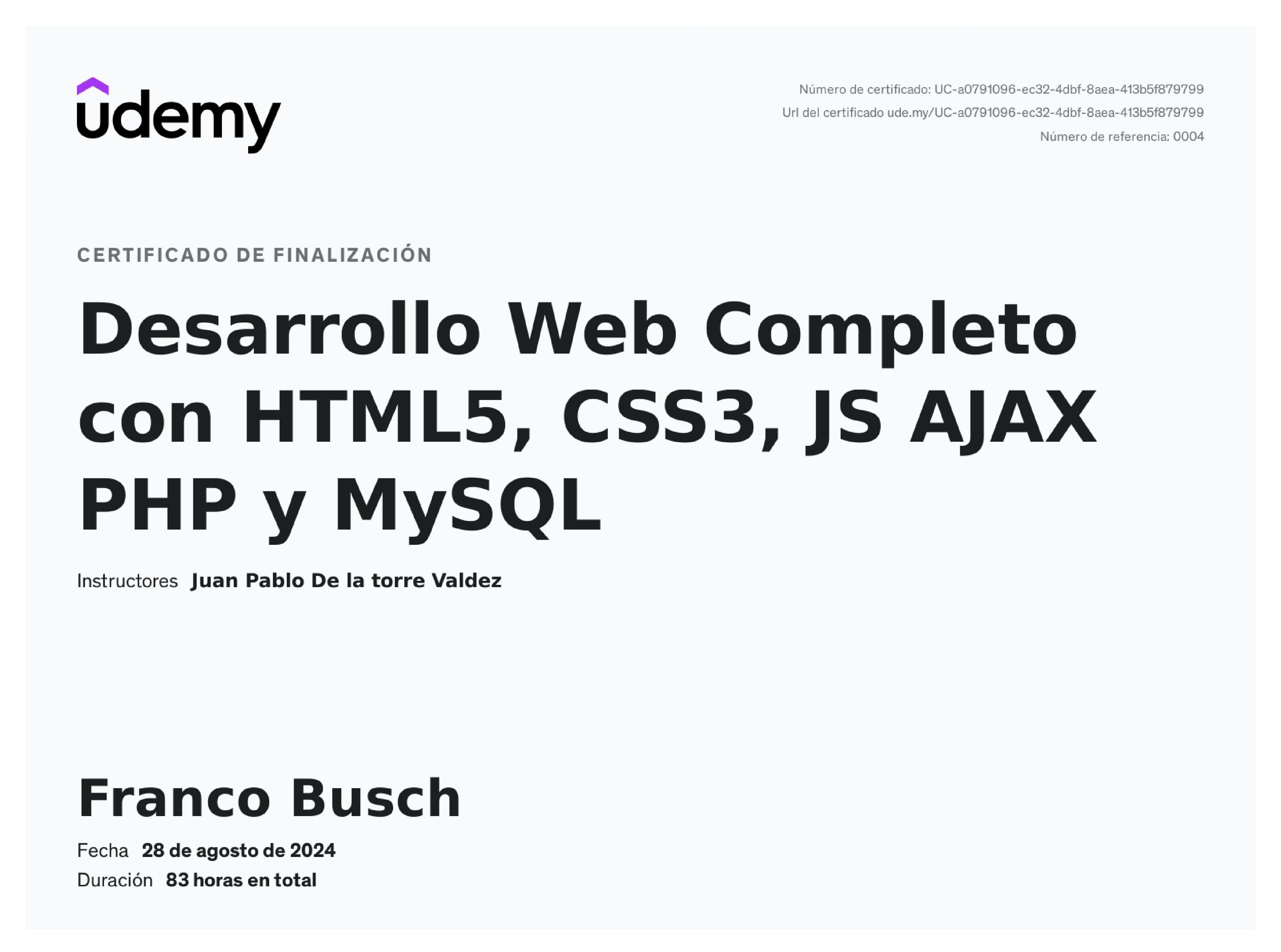 Certificado de Desarrollo Web con HTML5, CSS3, JS, AJAX, PHP y MySQL