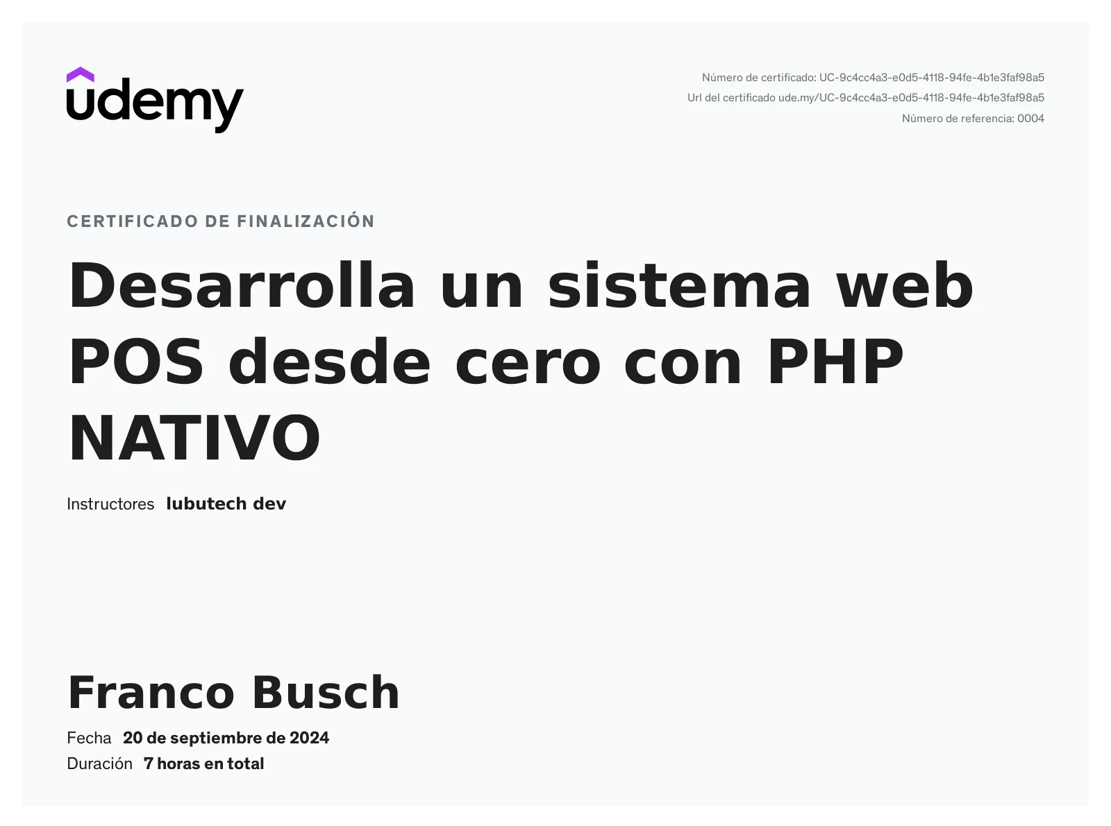 Certificado de esarrolla un sistema web POS desde cero con PHP NATIVO